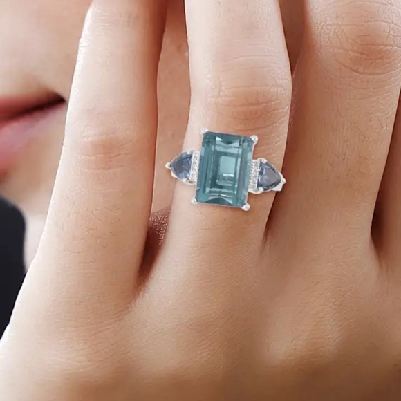 Rare Dean Teal Fluorite  and Multi Gemstone Ring in Rhodium Over Sterling Silver - Picture 5 of 8